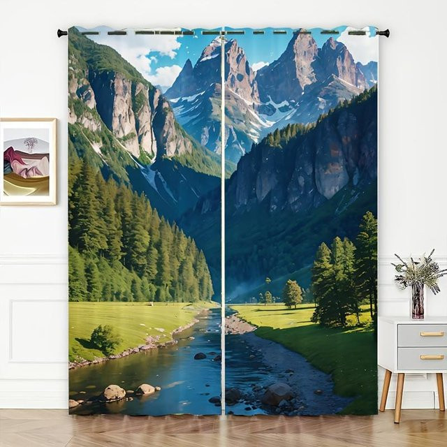Yiran Furniture Naturlandschaft Vorhang Set mit Wald und Wasserfall, 2er-Pack Halbverdunkelungsvorhang, Multicolor, Höhe: 130 cm, Breite: 50 cm pro Paneel - Bild 1
