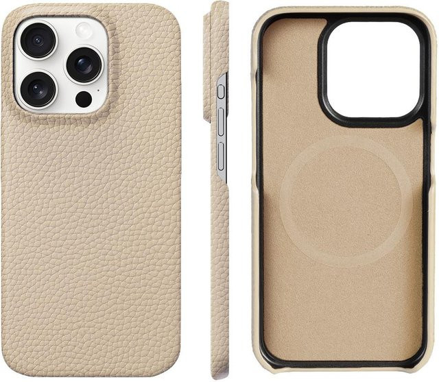 LANGSIDI MagSafe Hülle aus echtem Rindsleder für iPhone 16, 15, 17 Pro Max und Pro in Beige - Bild 1