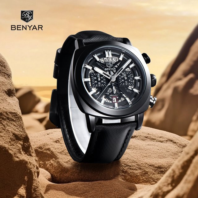 BENYAR Chronograph, Armbanduhr, Quarz, Leder, Schwarz, Herren - Bild 1