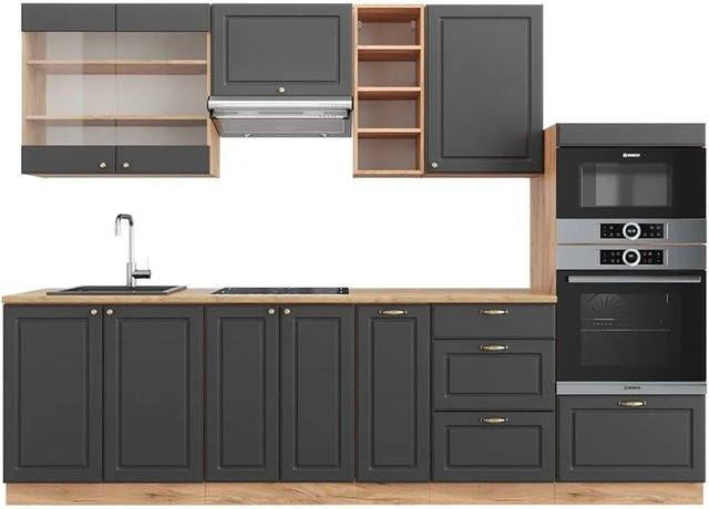 Vicco Fame-Line Küchenzeile Landhausstil in Anthrazit und Eiche mit Soft-Close-Türen, Breite: 280 cm - Bild 1