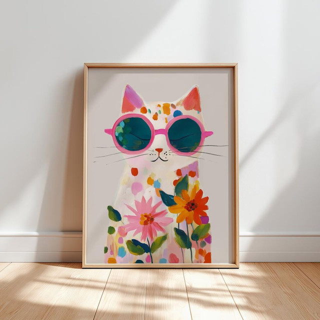 Boho Katzen Wandkunst von SHENCHEN: Bunter abstrakter Aquarelldruck mit gepunkteten Kätzchen und Blumen als rechteckiger Paper Poster in Pink und Multicolour - Bild 1