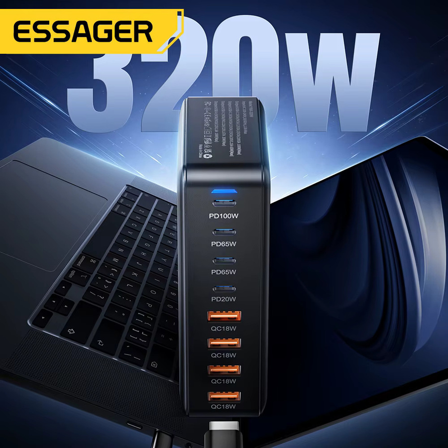 Essager 320W GaN Desktop Ladestation mit 8 USB Typ C Ports, PD 100W Schnellladegerät in Schwarz - Bild 4