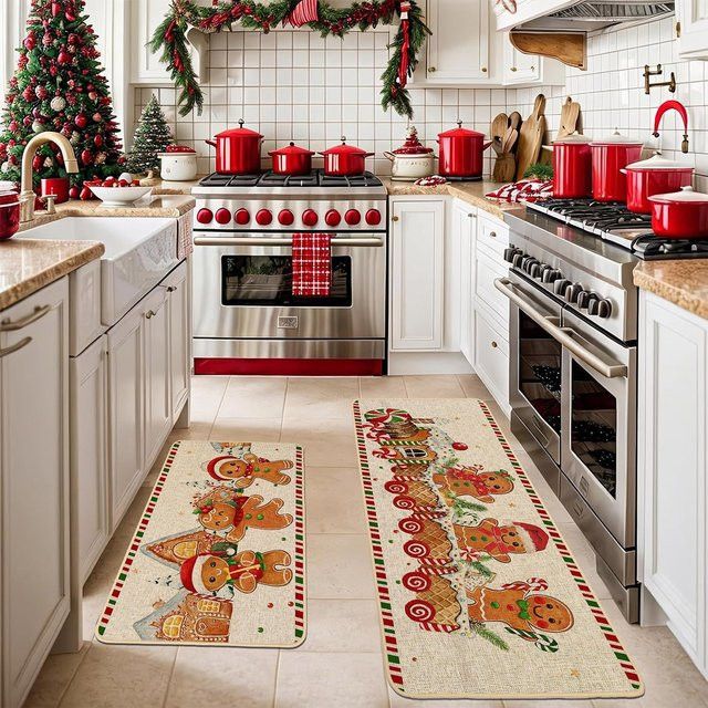 VIKAMA 2-teiliges Set Weihnachts-Teppiche im Lebkuchenmann- und Zuckerstangen-Design für Küche, Flur und Waschraum - Bild 1