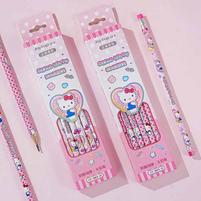 Sanrio Hello Kitty und Kuromi Bleistift-Set aus Holz mit 12 HB Stiften in Rosa/Pink für Mädchen - Bild 1