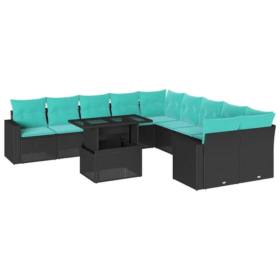 vidaXL 11-tlg. Gartensofa-Set in U-Form aus Polyrattan mit Kissen, Schwarz - Bild 2