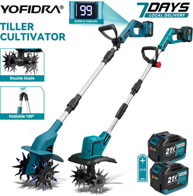 YOFIDRA Tragbarer Elektrischer Bodenfräser und Rasentrimmer in Blau, Kabelloser Bodenwender für Makita LXT 18-21V Akku - Bild 1