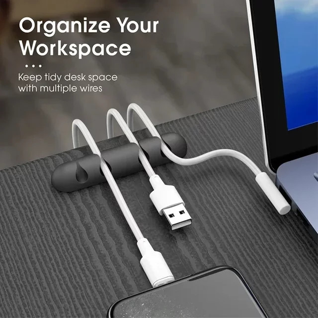 VIKEFON Silikon Kabel-Organizer in Schwarz als selbstklebende Kabelwickler und Management-Clips für USB-Kabel, Maus, Tastatur, Headset und iPhone - Bild 1