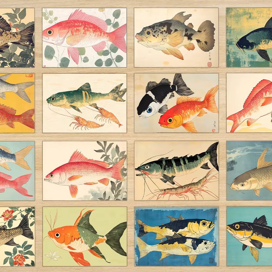 32 Stück Vintage japanische Fischpostkarten als Aufkleber in Multicolour für deine Wanddekoration - Bild 1