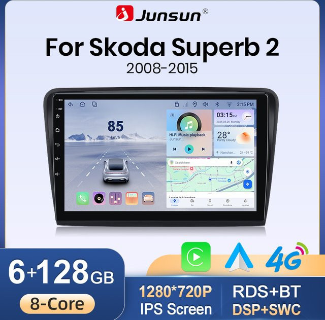 Junsun Android Autoradio mit Apple CarPlay und Android Auto für Skoda Superb MK2 3T 2008-2015, 10.0 Zoll IPS-Touchscreen, GPS, Bluetooth, WiFi, DSP, RDS, Schwarz - Bild 1