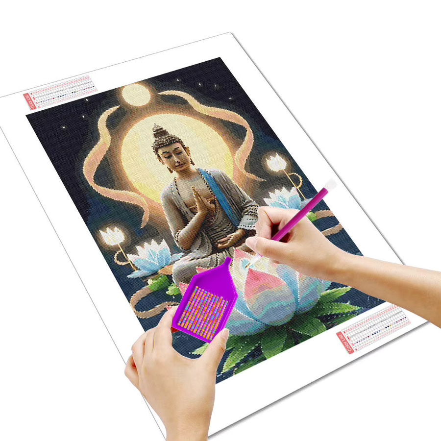 HUACAN Diamantmalerei Set Buddha mit meditativer Lotusblüte, 5D DIY Kunst Strass Stickerei Kit, Multicolour, B: 30,0 cm, H: 20,0 cm - Bild 2