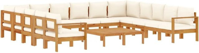 vidaXL 10-tlg. Garten-Sofagarnitur aus Massivholz Akazie in L-Form mit Kissen und Couchtisch, Beige/Weiß - Bild 1