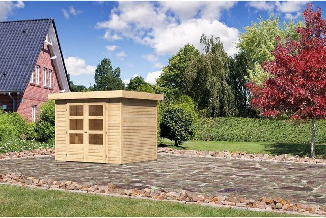 Karibu Holz-Gartenhaus Boras Natur mit Flachdach und modernem Design, Farbe: Braun, B/T/H: 238 x 213 x 211 cm - Bild 1