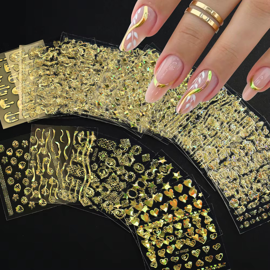 MAGT Nagelaufkleber 3D Laser Herz, Holografisch Regenbogen, Gold, 30 Blatt - Bild 1