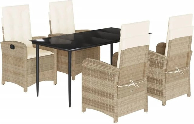 vidaXL 5-teilige Garten-Essgruppe aus Poly Rattan mit Kissen in Beige und Cremeweiß sowie Tisch aus gehärtetem Glas - Bild 1