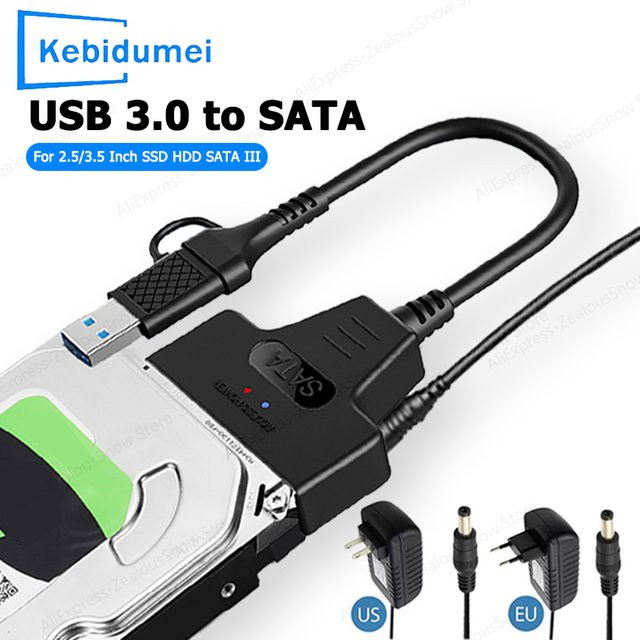 Kebidu SATA zu USB 3.0 und Typ-C Adapter für 2,5 und 3,5 Zoll HDD SSD Festplatten, Schwarz - Bild 1