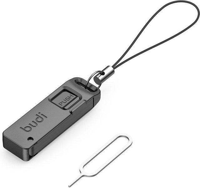 BUDI Anti-Verlust SIM-Karten-Auswurfstift und Aufbewahrungsbox in Schwarz mit Schlüsselanhänger für SIM- und TF-Karten - Bild 1