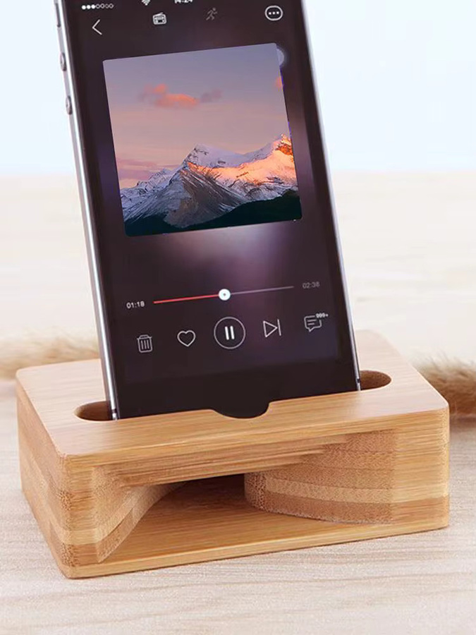 Holz-Lautsprecherständer für dein Handy als Schreibtischhalter und natürlicher Klangverstärker in Braun - Bild 5