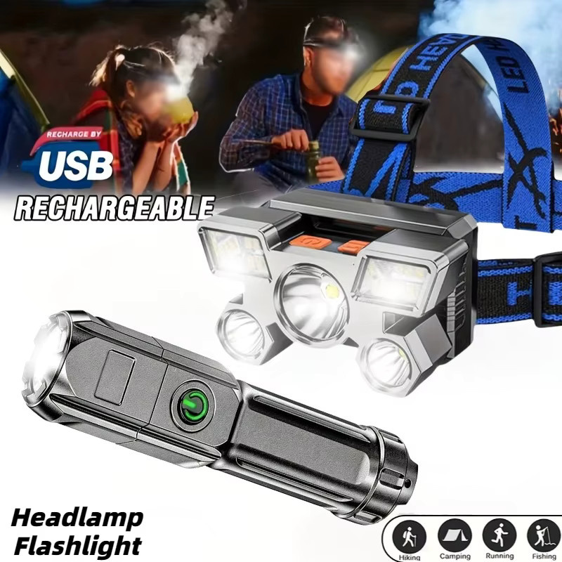 XIWANGFIRE USB wiederaufladbare 5-LED-Stirnlampe mit Zoom-Funktion in Schwarz - Bild 1