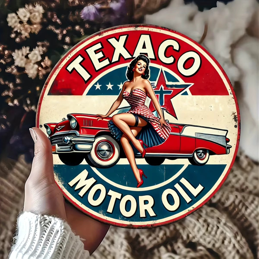 Potdemiel Texaco Motor Oil Vintage Aluminiumschild Retro Pin-Up Wanddeko aus Metall, Rund, Mehrfarbig, Durchmesser: 20 cm - Bild 5