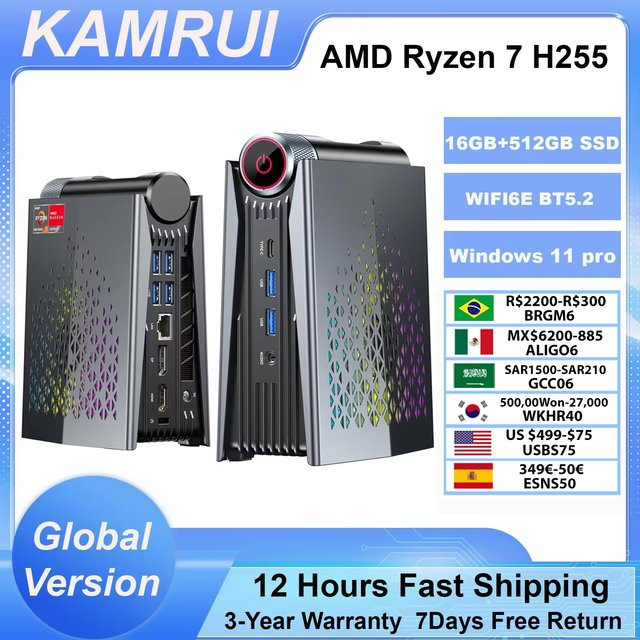 KAMRUI Mini-PC AMD Ryzen 7 H255 mit 16GB LPDDR5 und 512GB SSD, 8-Kern Desktop-Computer in Schwarz mit WiFi6E, BT5.2 und 2.5G LAN - Bild 1
