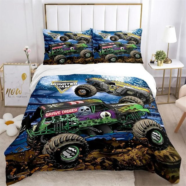 Bettwäsche-Set Cartoon Monster Truck mit Bettbezug und Kissenbezügen, Grau, B/H: 135 x 200 cm - Bild 1