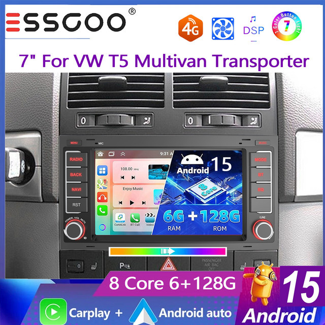 ESSGOO Android 15 Autoradio für VW T5 Multivan Transporter mit 7 Zoll Display, 8-Kern Prozessor, 6+128G Speicher, kabellosem Carplay, Android Auto, GPS-Navigation, Bluetooth und WLAN in Schwarz - Bild 1