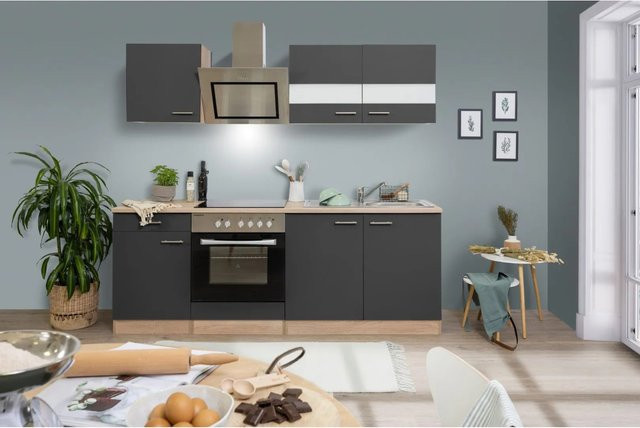 Respekta Economy Küchenzeile KB210ESGSC in Grau-Eiche Sägerau mit Glastüren und Soft-Close-Funktion, B/T/H: 210 x 60 x 82 cm - Bild 1