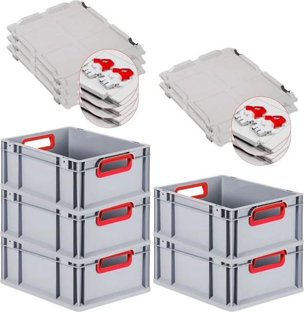 PROREGAL Spar Set 5x Eurobox Nextgen Color mit Scharnierdeckel und Schiebeschnappverschlüssen, Farbe Rot, H x B x T: 17 x 30 x 40 cm - Bild 1