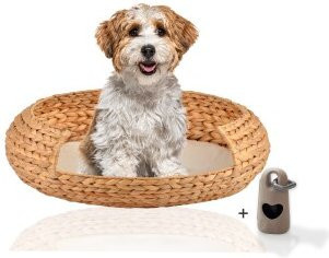 Rohrschneider Hundekorb rund aus geflochtener Wasserhyazinthe in Beige und Braun mit abnehmbarem Bezug und erhöhtem Rand - Bild 1