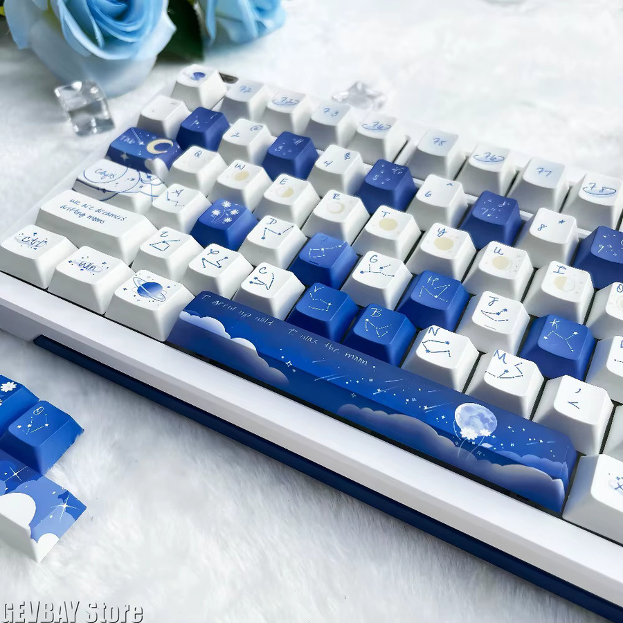 MeRealer Tastenkappen mit blauem Sternenhimmel-Thema, PBT-Material im Kirschprofil, 120 Tasten für Made68 Mad68, Farbe: Blau - Bild 3