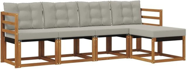 vidaXL Outdoor-Sofagarnitur 5-teilig aus Akazienholz und Textilene in Natur und Grau mit Kissen - Bild 1