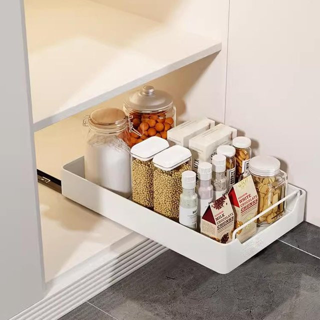 Garvee Ausziehbarer Schrank-Organizer aus Stahl in Weiß, Schubladen-Einsatz für Küche und Badezimmer, Breite: 25 cm, Tiefe: 25 cm, Höhe: 7 cm - Bild 1