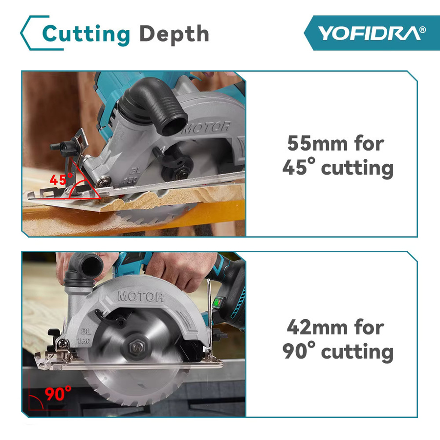 YOFIDRA Bürstenlose elektrische Kreissäge Blau, handgeführte Multifunktions-Elektrosäge für Makita 21V Akku, Durchmesser: 150 mm - Bild 6