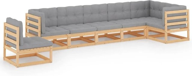 vidaXL 7-tlg Garten-Lounge-Set aus massivem Kiefernholz in L-Form mit grauen Kissen - Bild 1