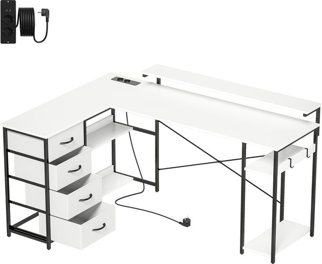 HOMCOM Eckschreibtisch in Weiß, reversibler L-Schreibtisch mit 4 Stoffschubladen, Monitorhalter, 2 Steckdosen und 2 USB-Ports, B/T: 155 x 112 cm - Bild 1