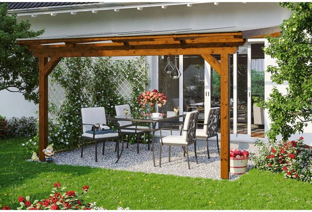 Skan Holz Terrassenüberdachung Ancona aus Leimholz Fichte in Nussbaum Braun, B/T/H: 434 x 250 x 270 cm - Bild 1