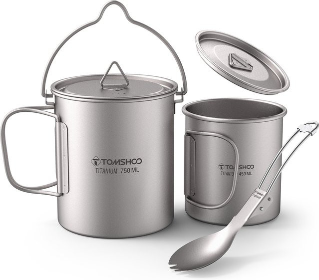TOMSHOO Ultraleichter Titan-Topf mit Deckel und faltbarem Griff, 750 ml, ideal für Outdoor und Camping - Bild 1