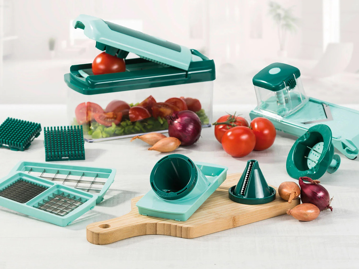 Nicer Dicer Fusion Smart Gemüseschneider, 16-teilig, Grün, 1,25 l Auffangbehälter mit Edelstahlklingen - Bild 4