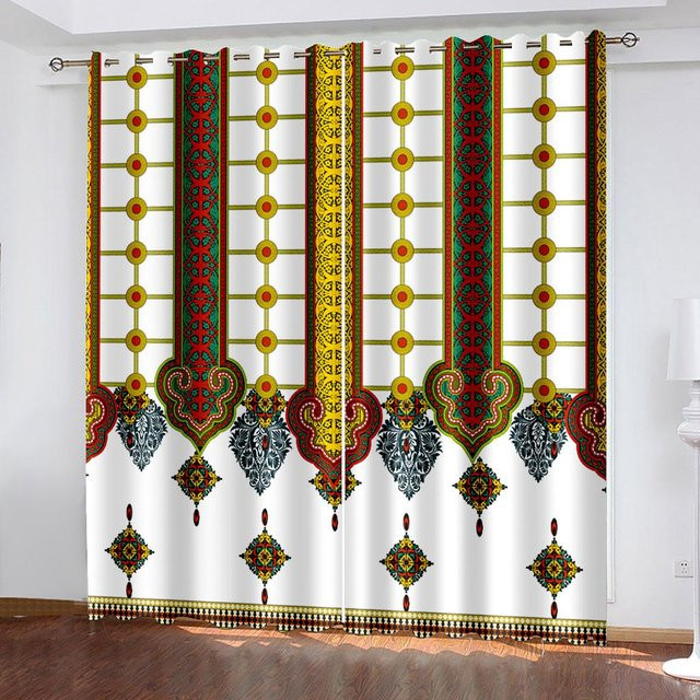 Yiran Furniture Luxus Saba Telet Design Vorhänge Äthiopisch Eritreisch, 2 Paneele, halbtransparent, Mehrfarbig, B: 100 cm, H: 130 cm - Bild 1