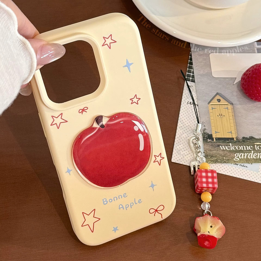 MUQGEW Stoßfeste Handyhülle mit 3D-Cartoon-Apfel-Design und Anhänger für iPhone 16, 15, 14, 13, 12 Pro Max in Rot - Bild 2