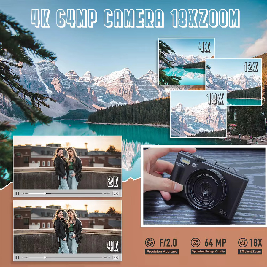 Ourlife Kompakte digitale 4K Fotokamera mit 18X Digitalzoom, WiFi und 180 Grad Flip-Screen, Schwarz - Bild 4