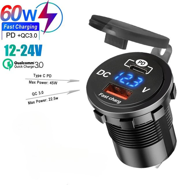 HACHANLUN 60 W PD QC3.0 Autoladegerät mit Messgerät und USB-C Buchse in Schwarz für 12 V/24 V Motorrad, LKW und Boot - Bild 1