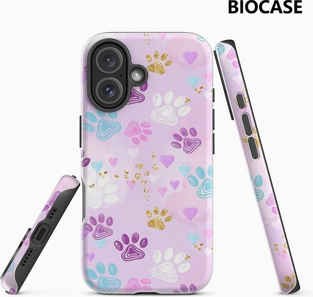 Handyhülle mit buntem Pfotenabdruckmuster für Apple iPhone 11 bis iPhone 17 Pro Max Plus, doppelschichtige Rückseite, mehrfarbig - Bild 1