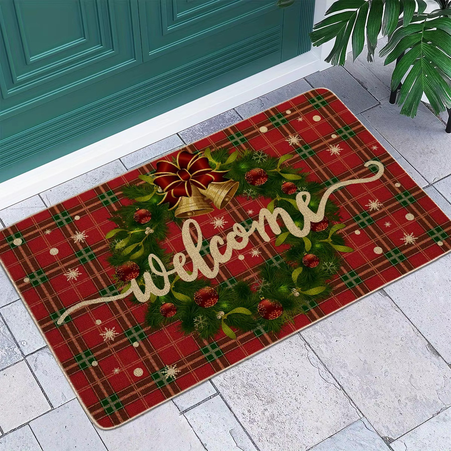 VIKAMA Weihnachtstürmatte mit Weihnachtskranz und Glocken im karierten Design, rutschfest und dekorativ - Bild 3