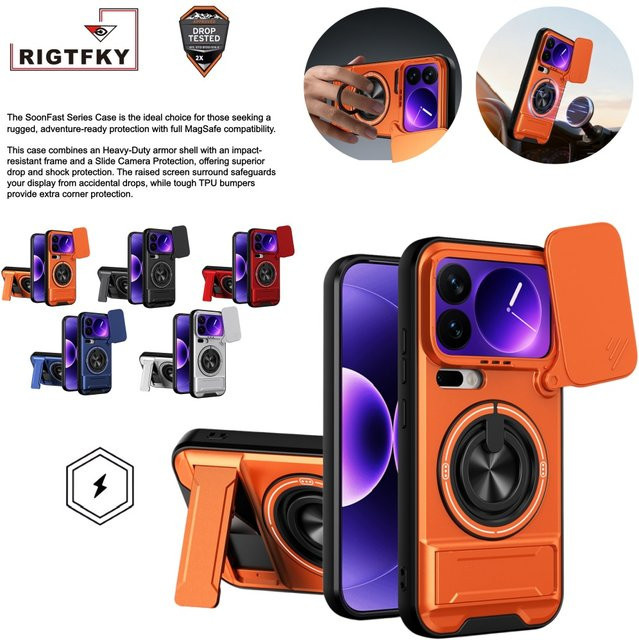 Stoßfeste Panzer-Handyhülle für Xiaomi 17 Pro Max 5G und 17 Ultra mit Kameraschutz, aufklappbarem Ständer und magnetischer Abdeckung in Schwarz und Orange - Bild 1