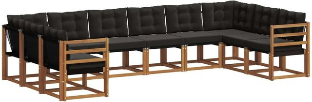 vidaXL Outdoor-Sofagarnitur aus Akazienholz in U-Form, 10-teiliges Set mit Textilene-Bezug und Kissen, Natur und Schwarz - Bild 1