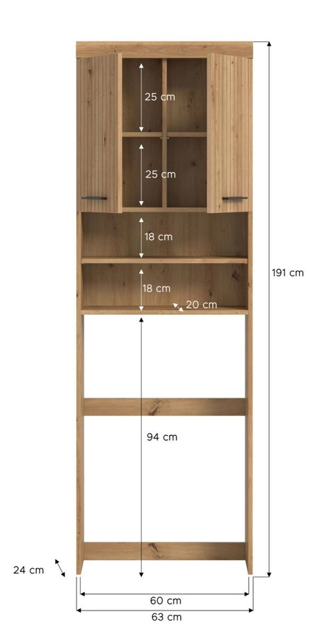 Waschmaschinenschrank Shawn in Eiche, freistehendes Badmöbel mit Regalfächern, Breite: 63 cm, Höhe: 191 cm - Bild 5