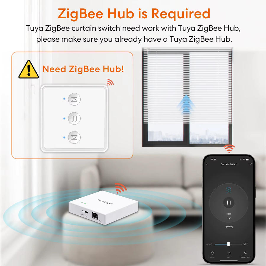 LoraTap Tuya Smart Life ZigBee Vorhang-Drucktastenschalter mit Fernbedienung in Weiß, kompatibel mit Google Assistant und Alexa, B/B/B: 8 x 8 x 8 cm - Bild 2