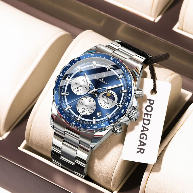 POEDAGAR Armbanduhr Chronograph, Quarz, Edelstahl, Silberblau, Herren - Bild 1