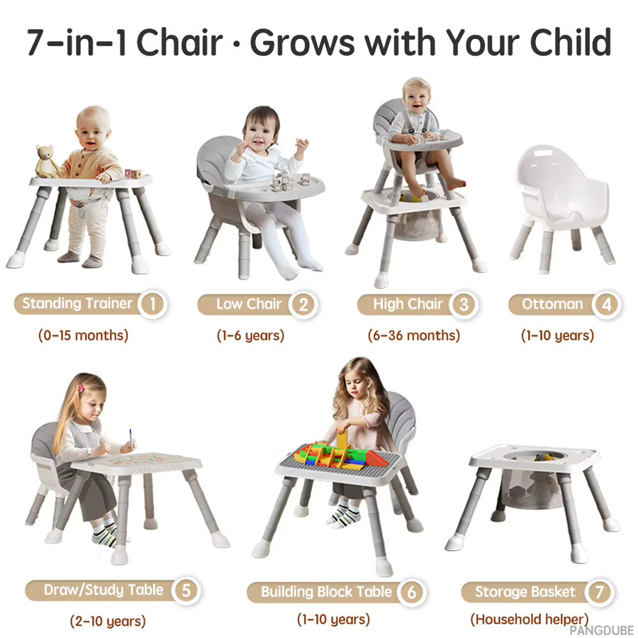 PANGDUBE 7-in-1 Multifunktionaler Kinderhochstuhl für Babys mit Polsterung und Armlehnen - Bild 2